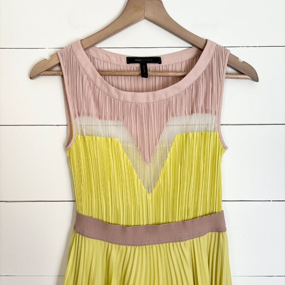 NWOT BCBG Maxazria Lucea yellow and tan with white sheer mesh dress - Picture 3 of 7